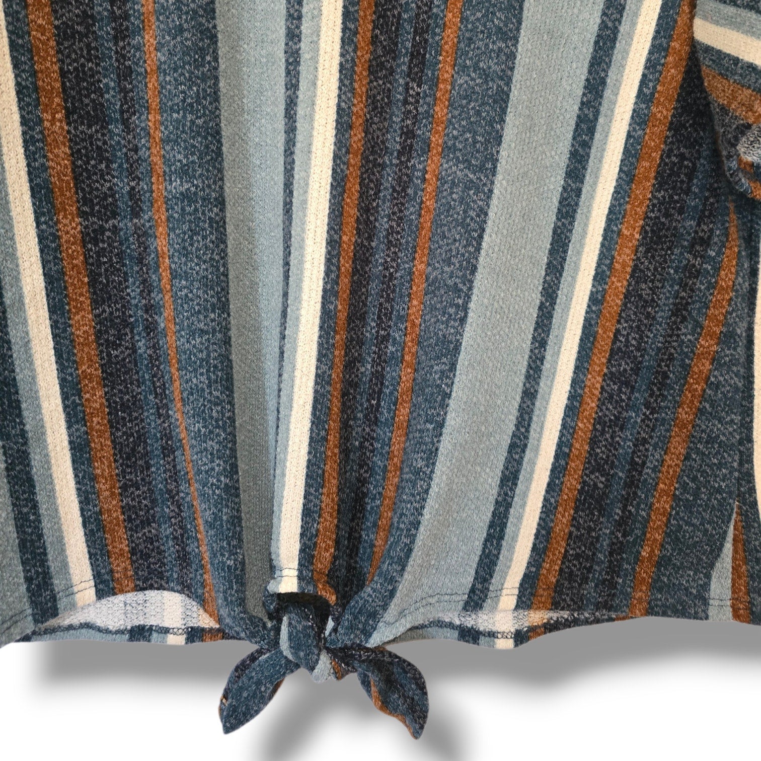 Modern Attraction Striped Tie-Front Top Large Blue Brown Flutter Sleeve