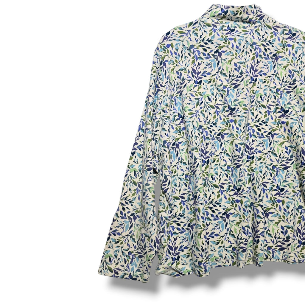 Appleseed's women's plus size Blue & Green Leaf Print Mock Neck Henley Top- 2x