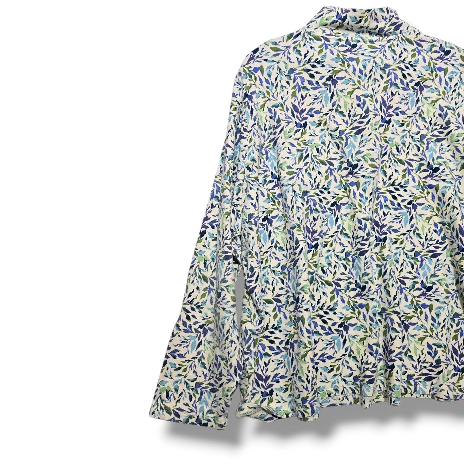 Appleseed's women's plus size Blue & Green Leaf Print Mock Neck Henley Top- 2x