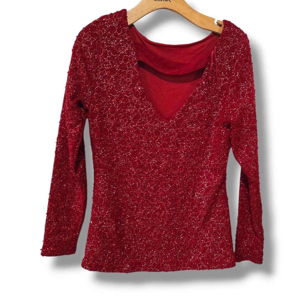 JLO Jennifer Lopez Women’s Burgundy Metallic Long Sleeve V-Back Pullover Sweater