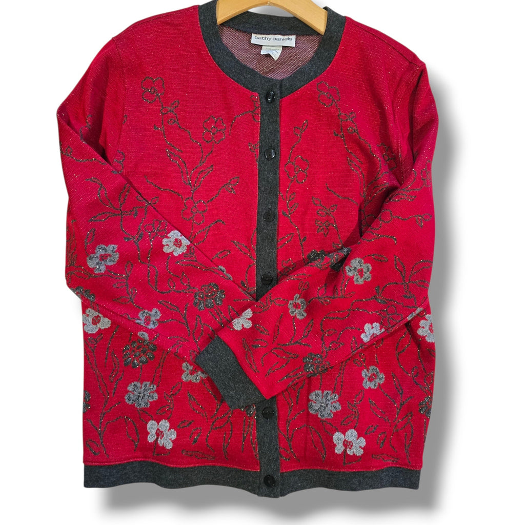 Cathy Daniels Women’s Red Floral Metallic Button-Front Cardigan Sweater – Large