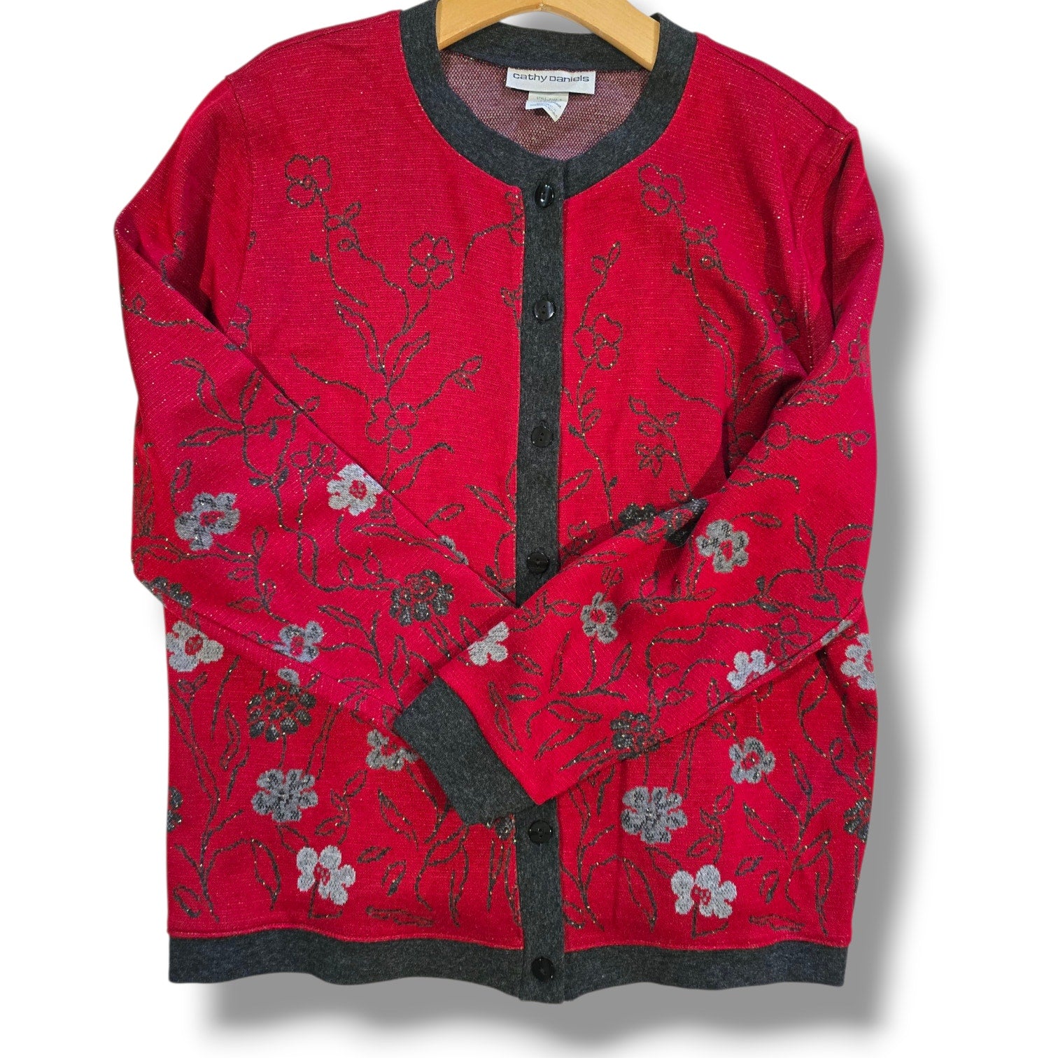 Cathy Daniels Women’s Red Floral Metallic Button-Front Cardigan Sweater – Large