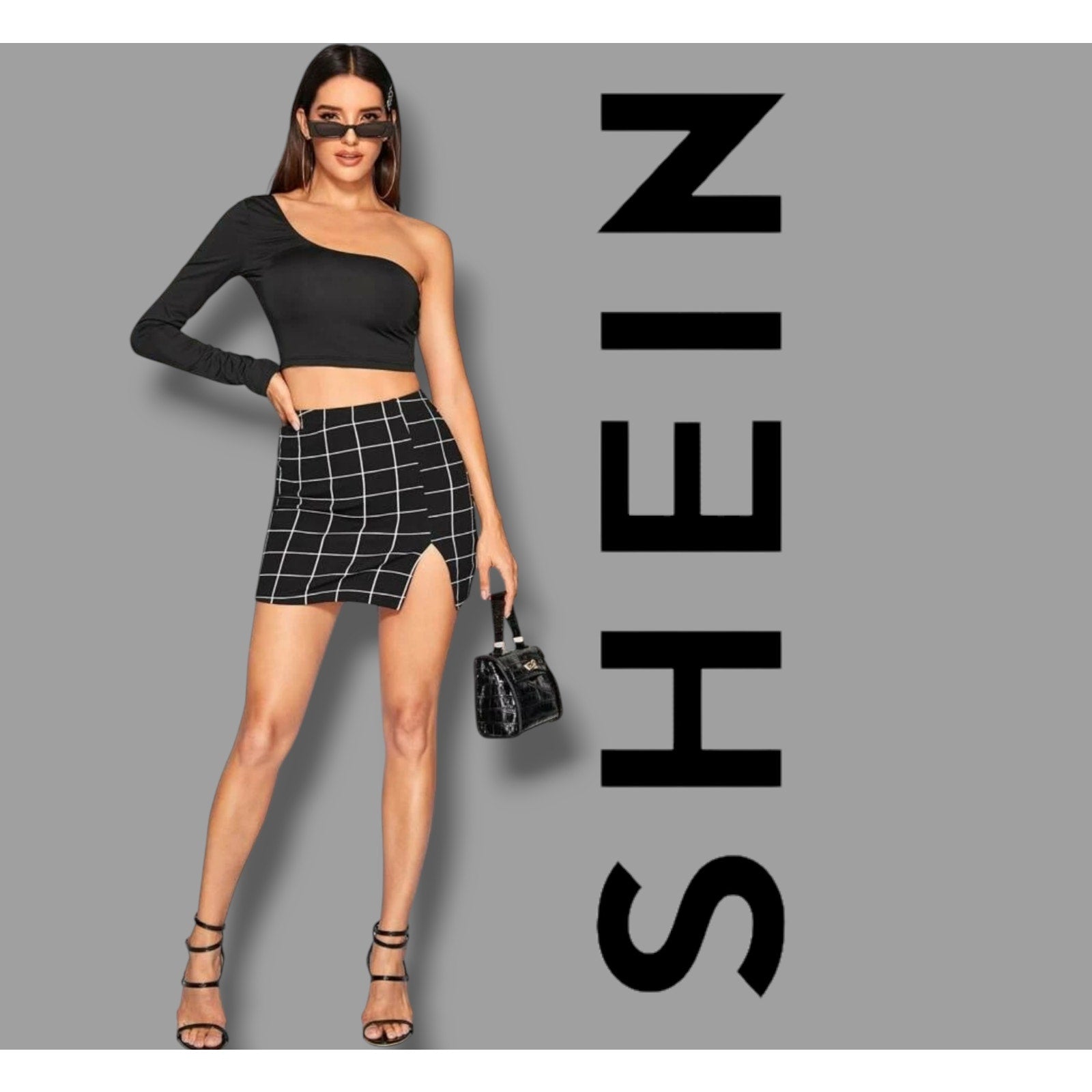 SHEIN Women’s Black Grid Plaid Mini Skirt - XS, Trendy Slit Detail