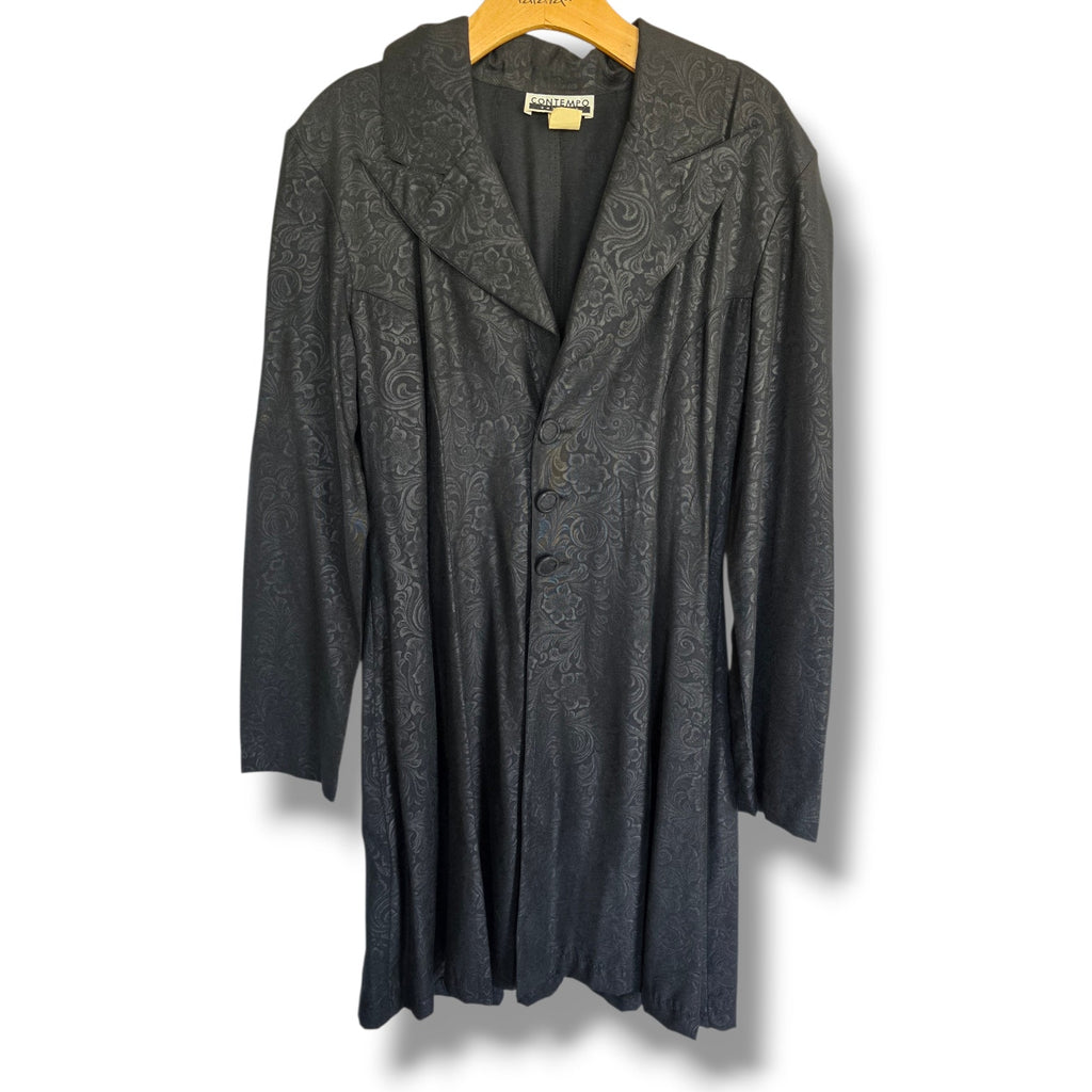 CONTEMPO CASUALS Vintage Black Damask Floral Jacquard Longline Blazer Small