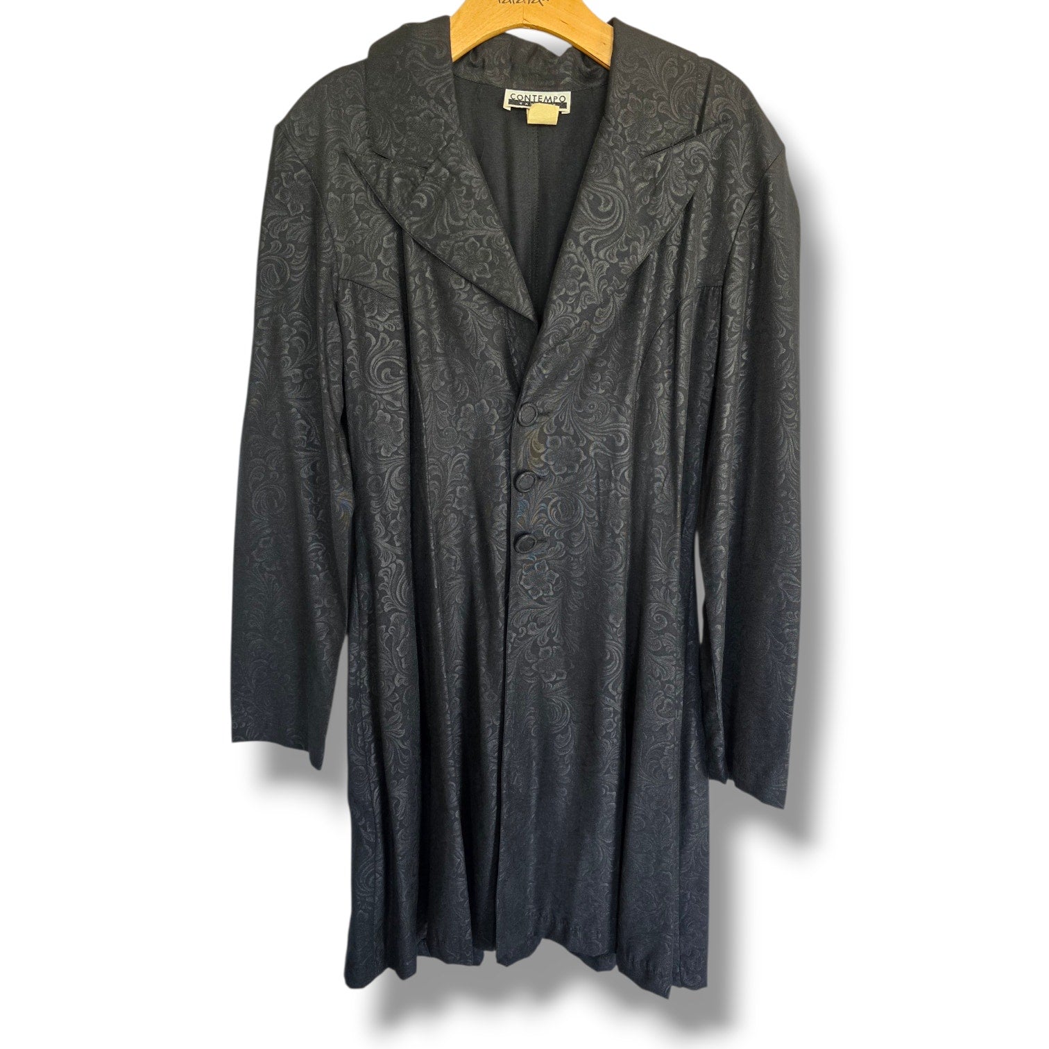 CONTEMPO CASUALS Vintage Black Damask Floral Jacquard Longline Blazer Small