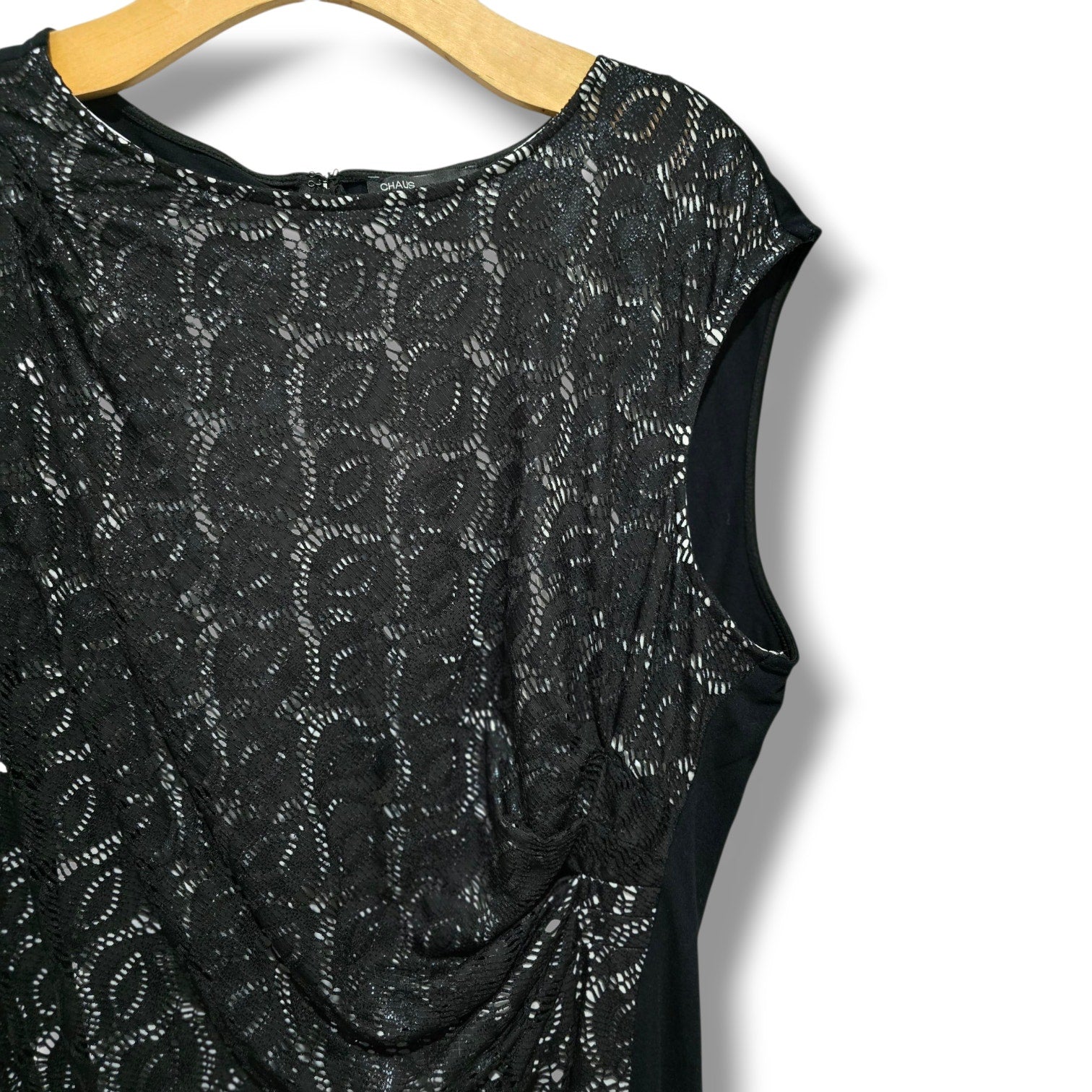 Chaus Women’s Black Lace Overlay Sleeveless Ruched Sheath Dress – Size XL