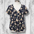 Sienna Sky Women's Size Small Navy Blue Peach Floral Crochet Trim V-Neck Blouse