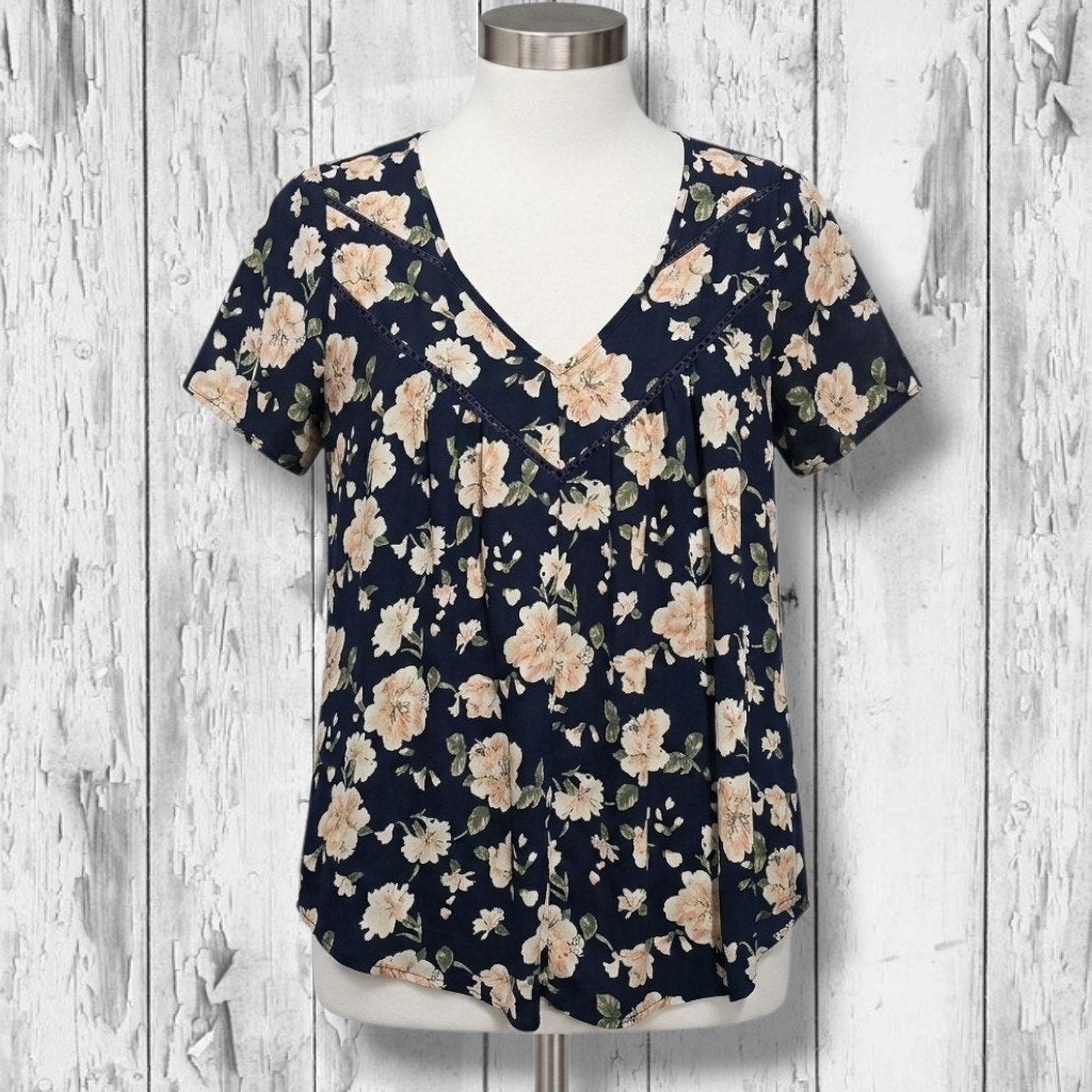 Sienna Sky Women's Size Small Navy Blue Peach Floral Crochet Trim V-Neck Blouse