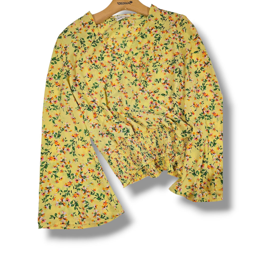 For the Republic Women’s Yellow Floral Long Sleeve Wrap Smocked small Blouse