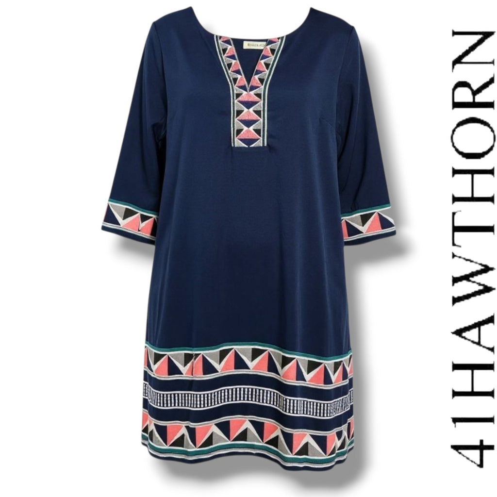 41 Hawthorn Women’s Navy Geometric Print 3/4 Sleeve Shift Dress – Size Medium