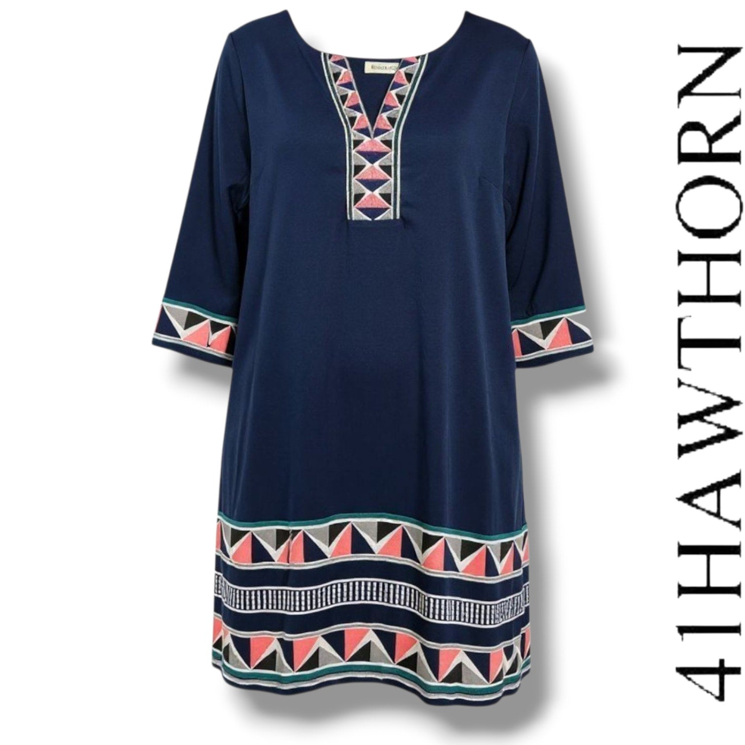 41 Hawthorn Women’s Navy Geometric Print 3/4 Sleeve Shift Dress – Size Medium