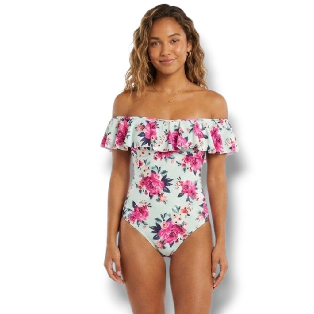 Arizona Jean Co Women’s Off-Shoulder Ruffle Floral One-Piece Swimsuit Size Small