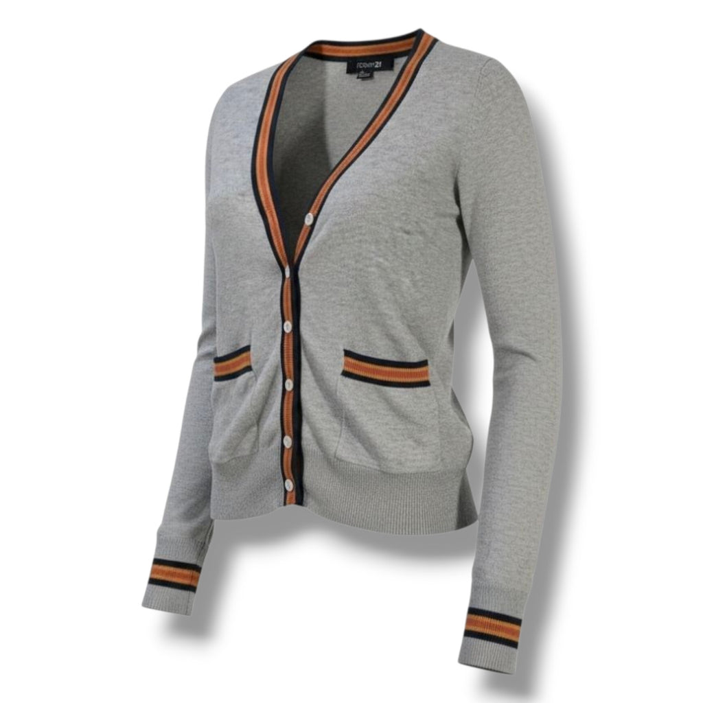 Forever 21 women’s Gray Button Front Cardigan Sweater with Striped Trim – Small