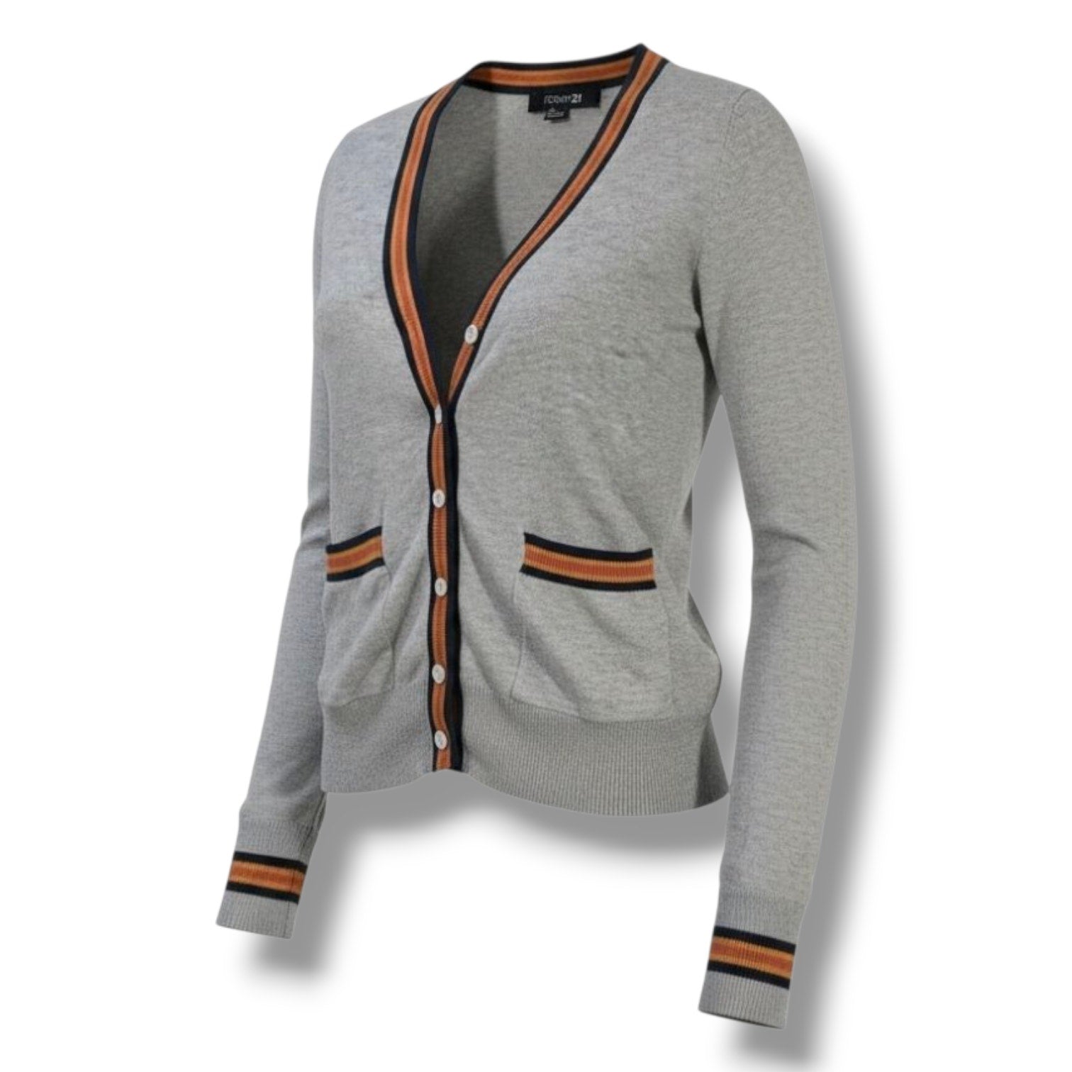 Forever 21 women’s Gray Button Front Cardigan Sweater with Striped Trim – Small