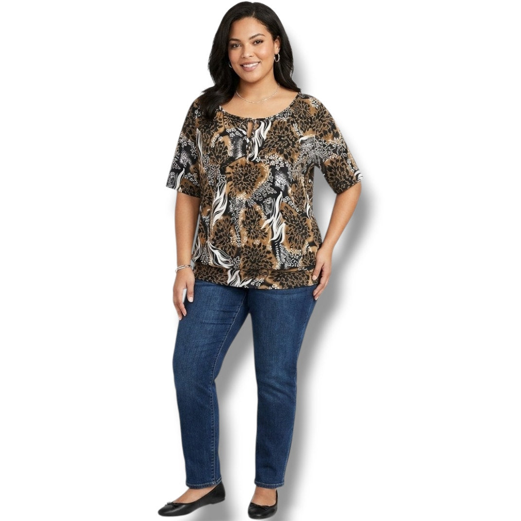 Impressions Women’s Plus Size Brown Black Floral short sleeves Blouse – 1X