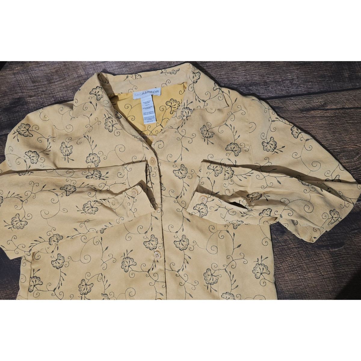 Sag Harbor Mustard Yellow Floral Embroidered Faux Suede Button Down top Large