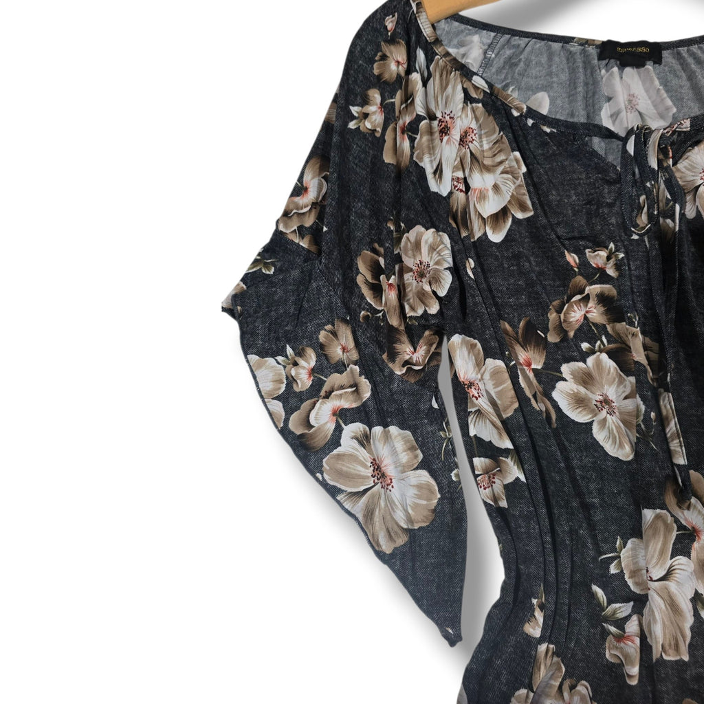 EXPRESSO Floral Flutter Sleeve Lace-Up Blouse XL – Black Beige Stretchy Top