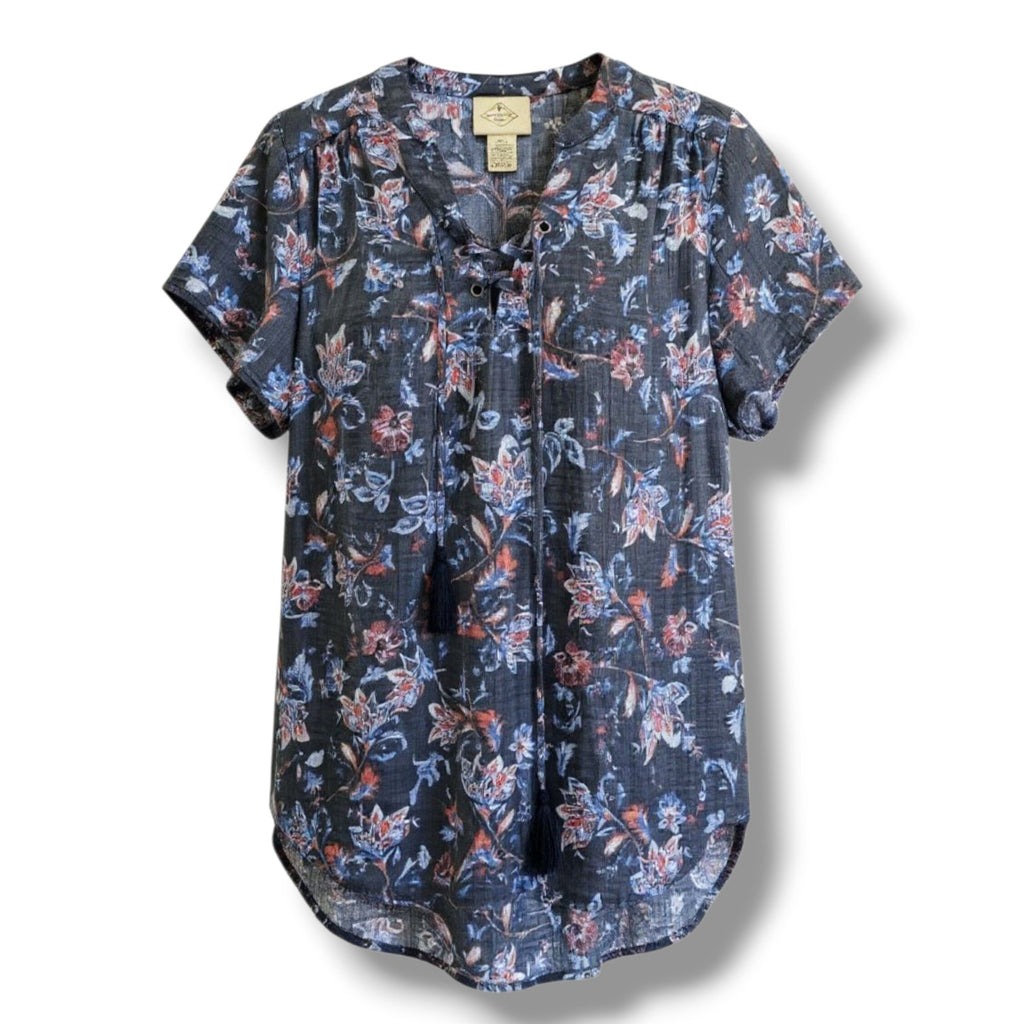 St. John’s Bay Petite Medium Floral Lace-Up Tassel Blouse Navy Rayon Blend