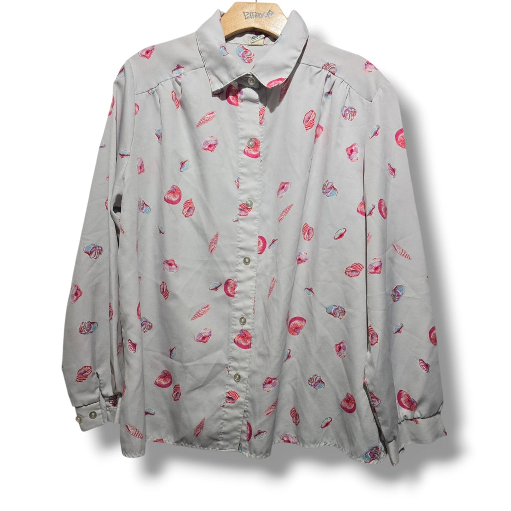 Cadisport Women's Vintage White Pink Nautical Seashell Button Down Shirt