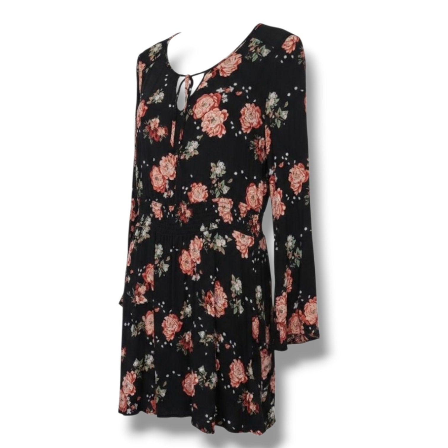 American Rag Cie Juniors Black Floral Lace-Up Bell Sleeve Dress – Size Small