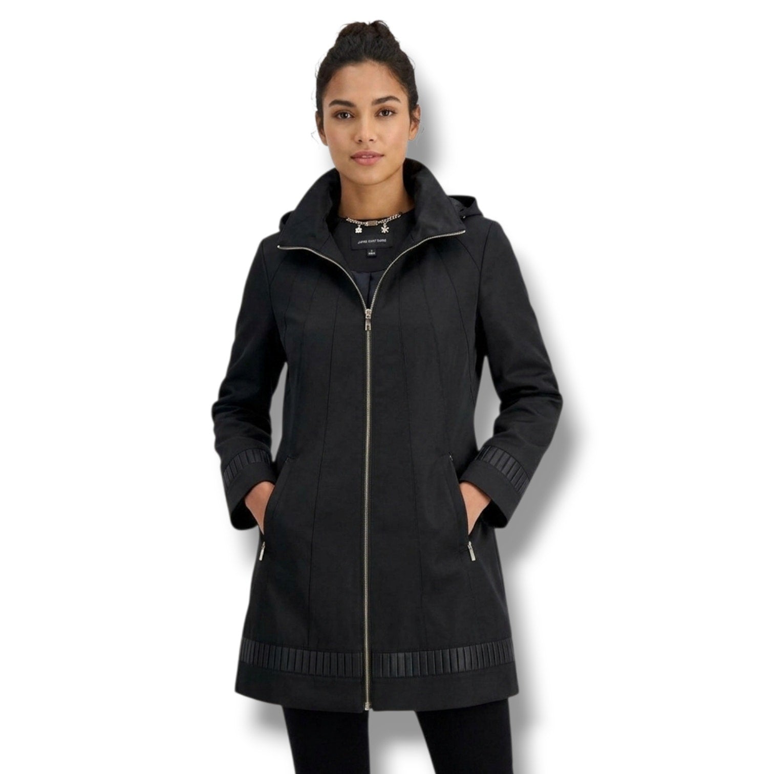 Jones New York Women’s Black Zip-Front Coat with Detachable Hood – Size Large