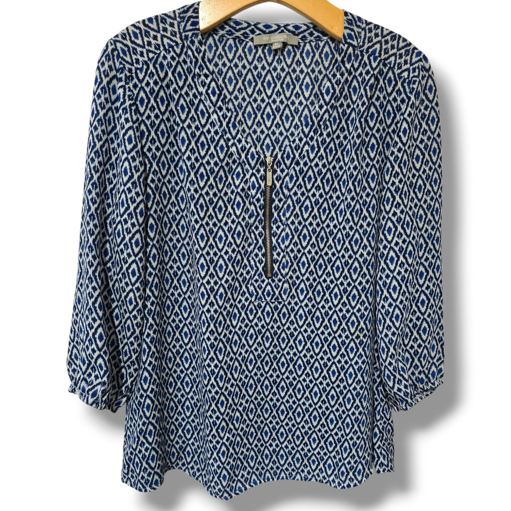 NY Collection Petite Blue Geometric Zip Front Blouse – PL, gently used