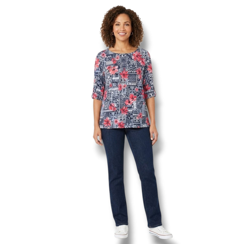 Karen Scott women's Navy & Pink Patchwork Floral Boat Neck Top – Size XL