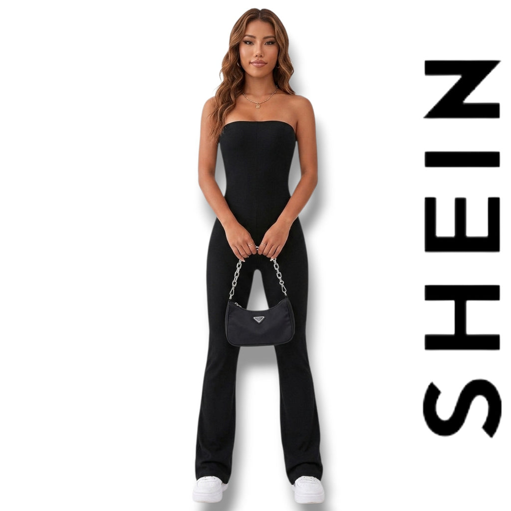SHEIN Women’s Black Strapless Ribbed Flared Jumpsuit Size XS