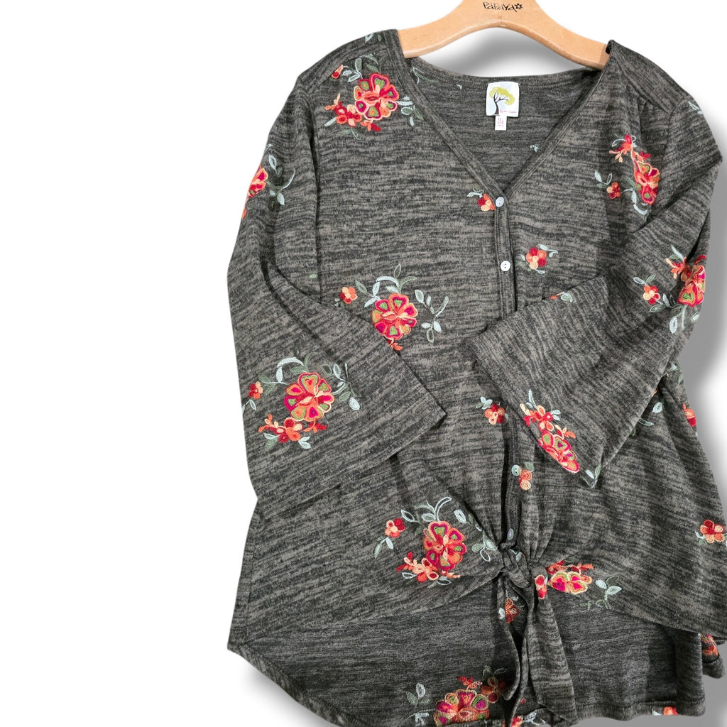 Fig & Flower women's Olive Heather Floral Embroidered Tie-Front top