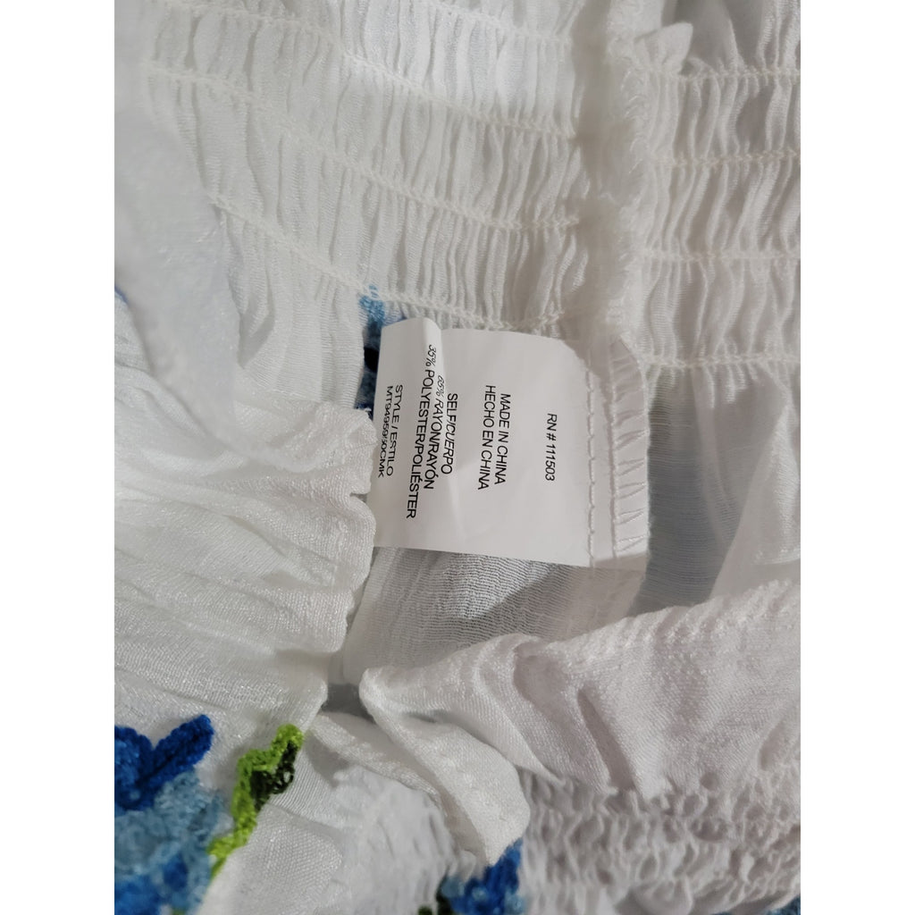 Meraki Women’s White Blue Floral Boho Peasant Blouse - Medium