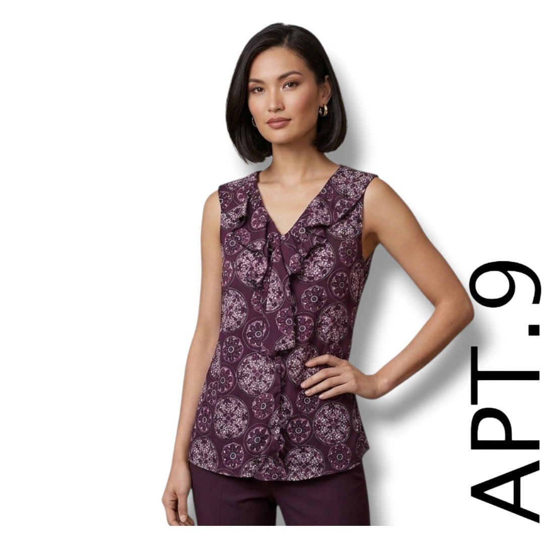 Apt. 9 Women's Tie Neck Blouse Medium Button Front Ruffle Sleeveless Plum Print