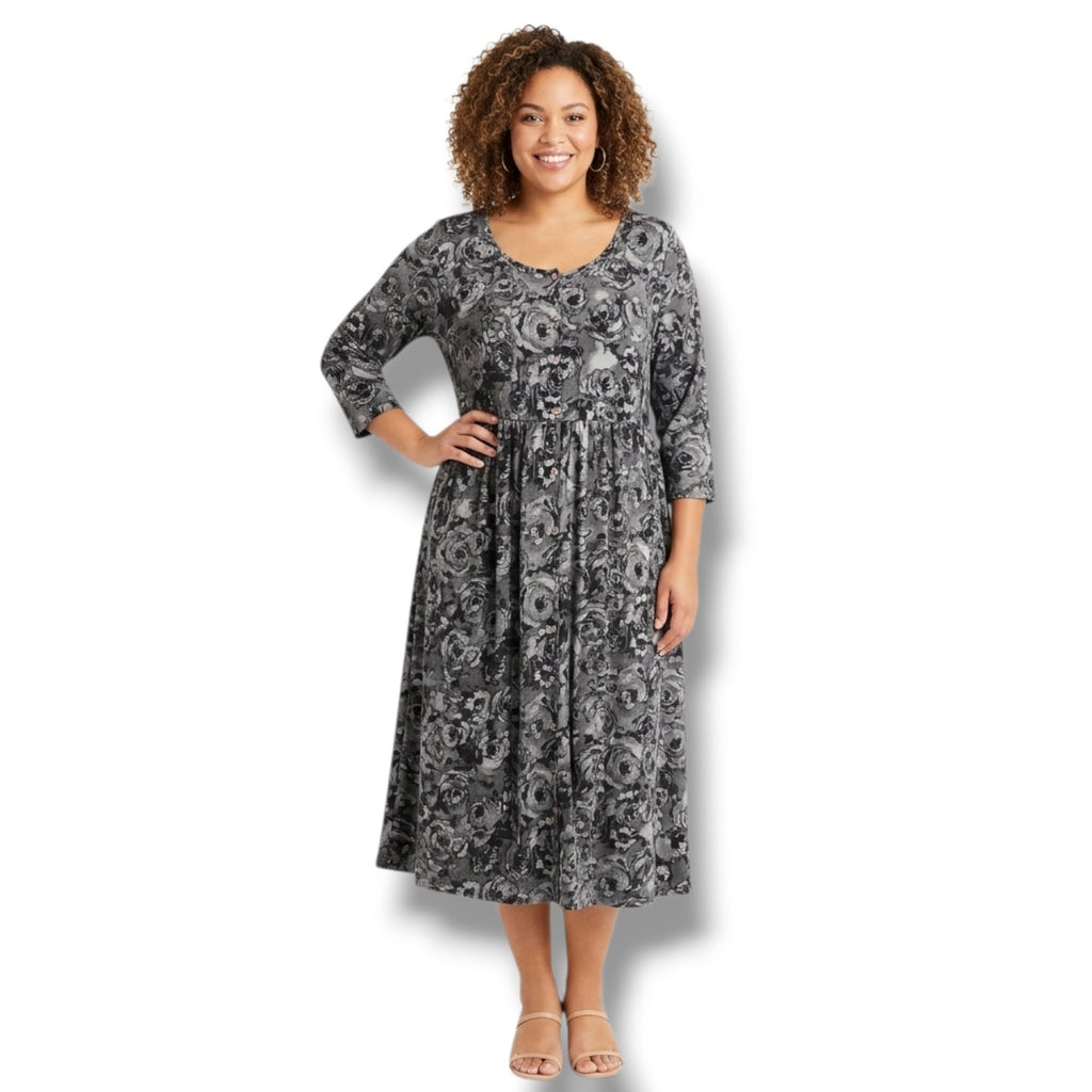 Anthony Richards 1X Black Floral Button Front Lounge Dress