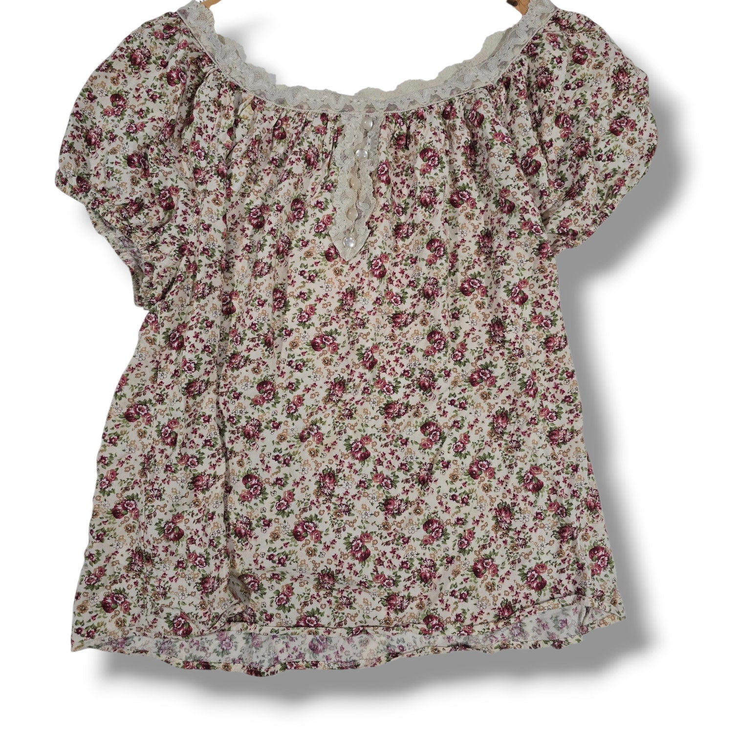 Dressbarn Woman Floral Lace Trim Puff Sleeve Blouse – Size 18/20 Made in USA