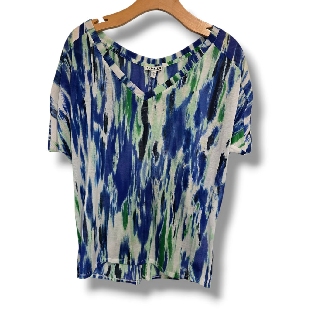 Express Blue & Green Ikat Print Button-Back V-Neck Blouse – Small NWT