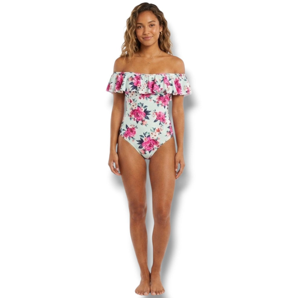 Arizona Jean Co Women’s Off-Shoulder Ruffle Floral One-Piece Swimsuit Size Small