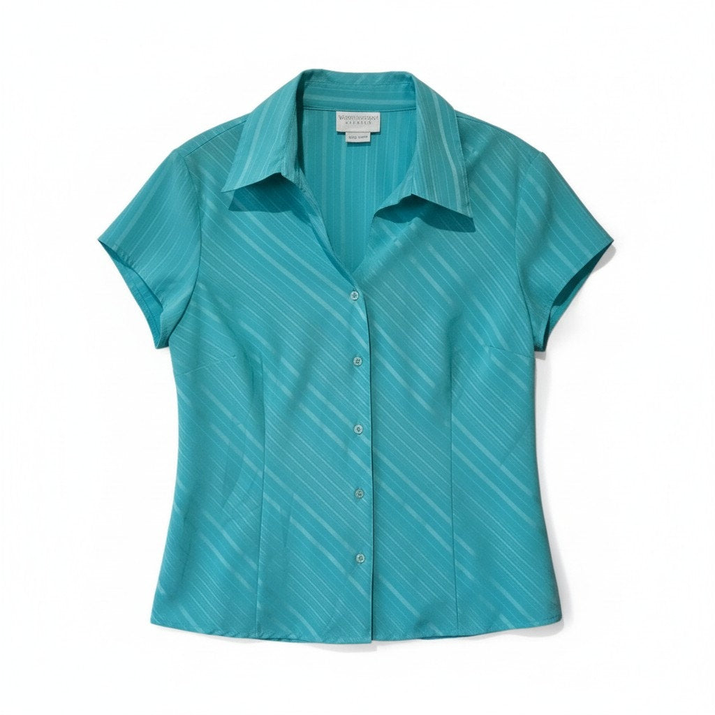 Worthington Teal Aqua Diagonal Stripe Short Sleeve Button Down Blouse Size 8