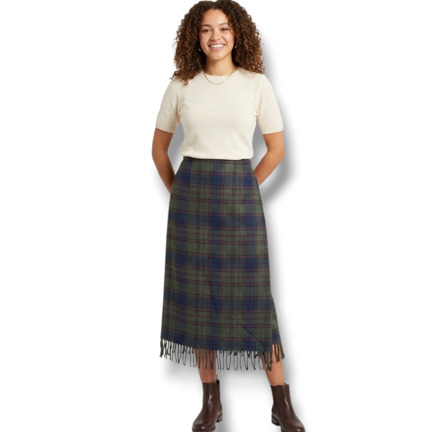 Worthington women's Petite Plaid Fringe Midi Skirt -8P
