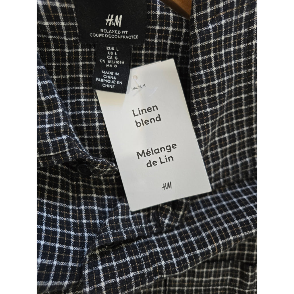 H&M Relaxed Fit Black & White Windowpane Linen-Blend Shirt – Large