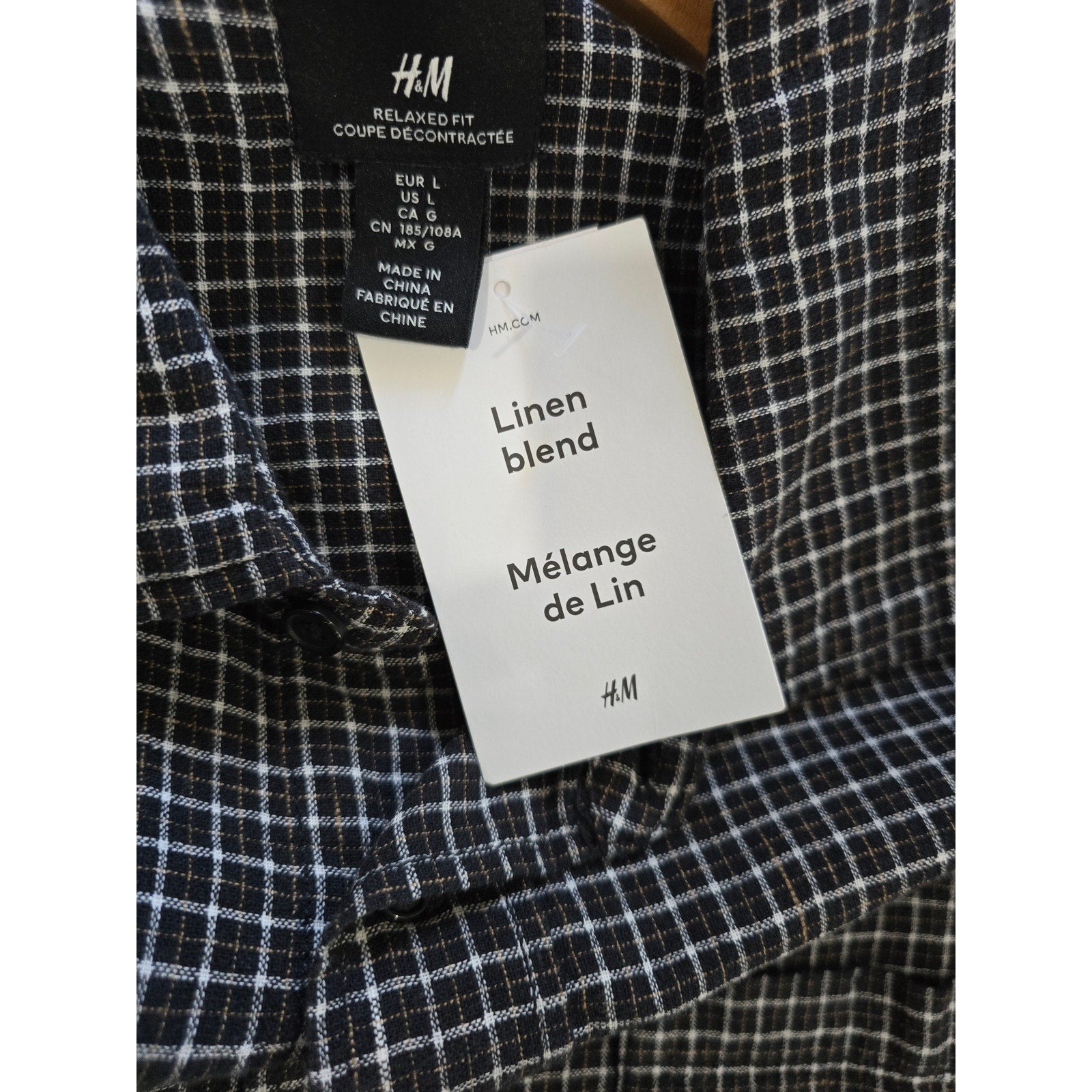 H&M Relaxed Fit Black & White Windowpane Linen-Blend Shirt – Large