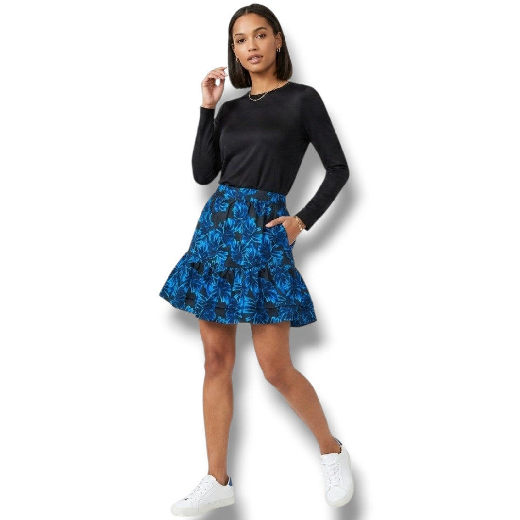 Who What Wear Blue Floral Tiered Mini Skirt XL Cotton Elastic Waist