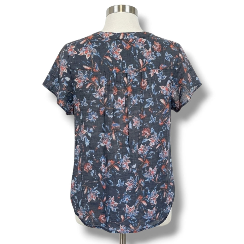 St. John’s Bay Petite Medium Floral Lace-Up Tassel Blouse Navy Rayon Blend
