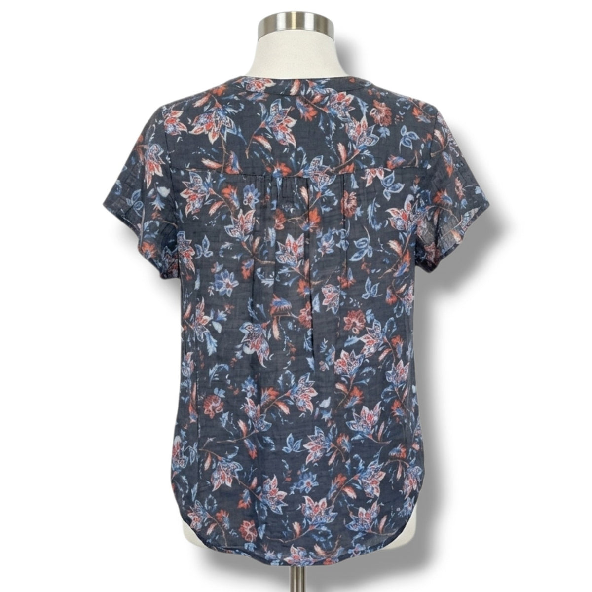 St. John’s Bay Petite Medium Floral Lace-Up Tassel Blouse Navy Rayon Blend