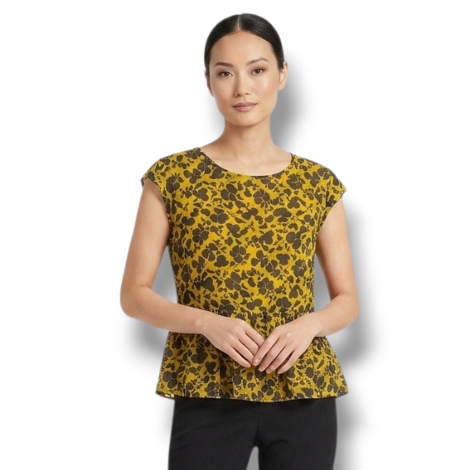 Ann Taylor Factory Women's Size Medium Chartreuse Yellow Black Floral Peplum Top