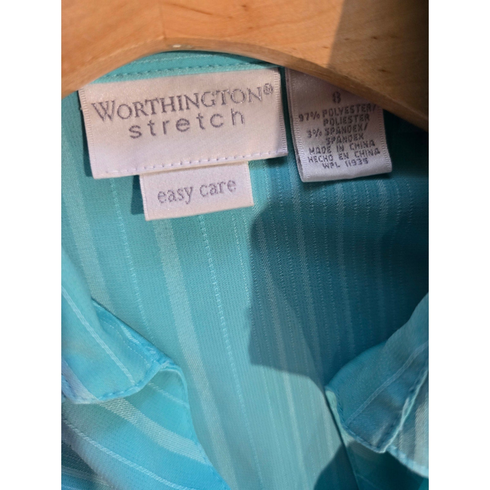 Worthington Teal Aqua Diagonal Stripe Short Sleeve Button Down Blouse Size 8