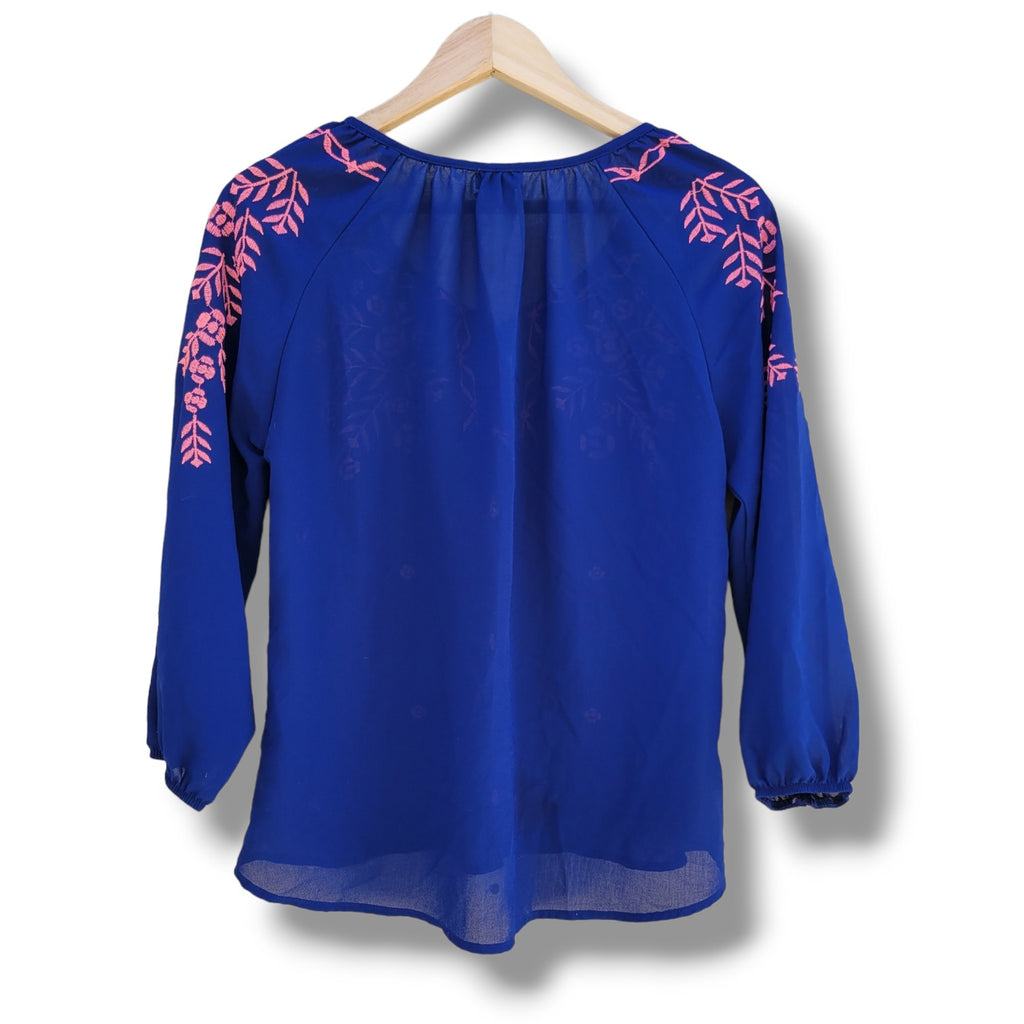 Rue 21 Women’s Blue Embroidered Boho Peasant Blouse Small Semi-Sheer Gently Used