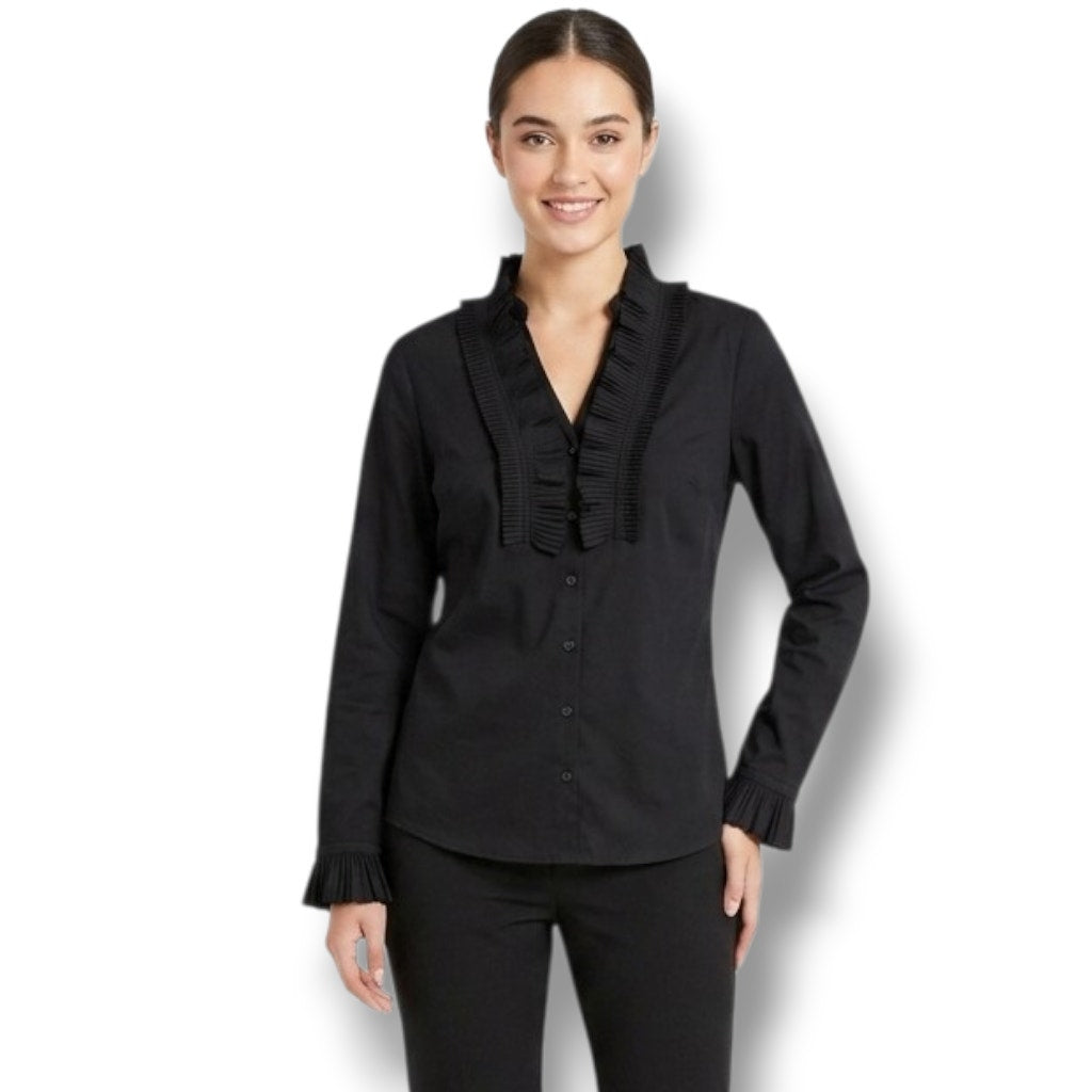 Artrageous women's Black Pleated Ruffle Trim Button-Down Blouse – Small
