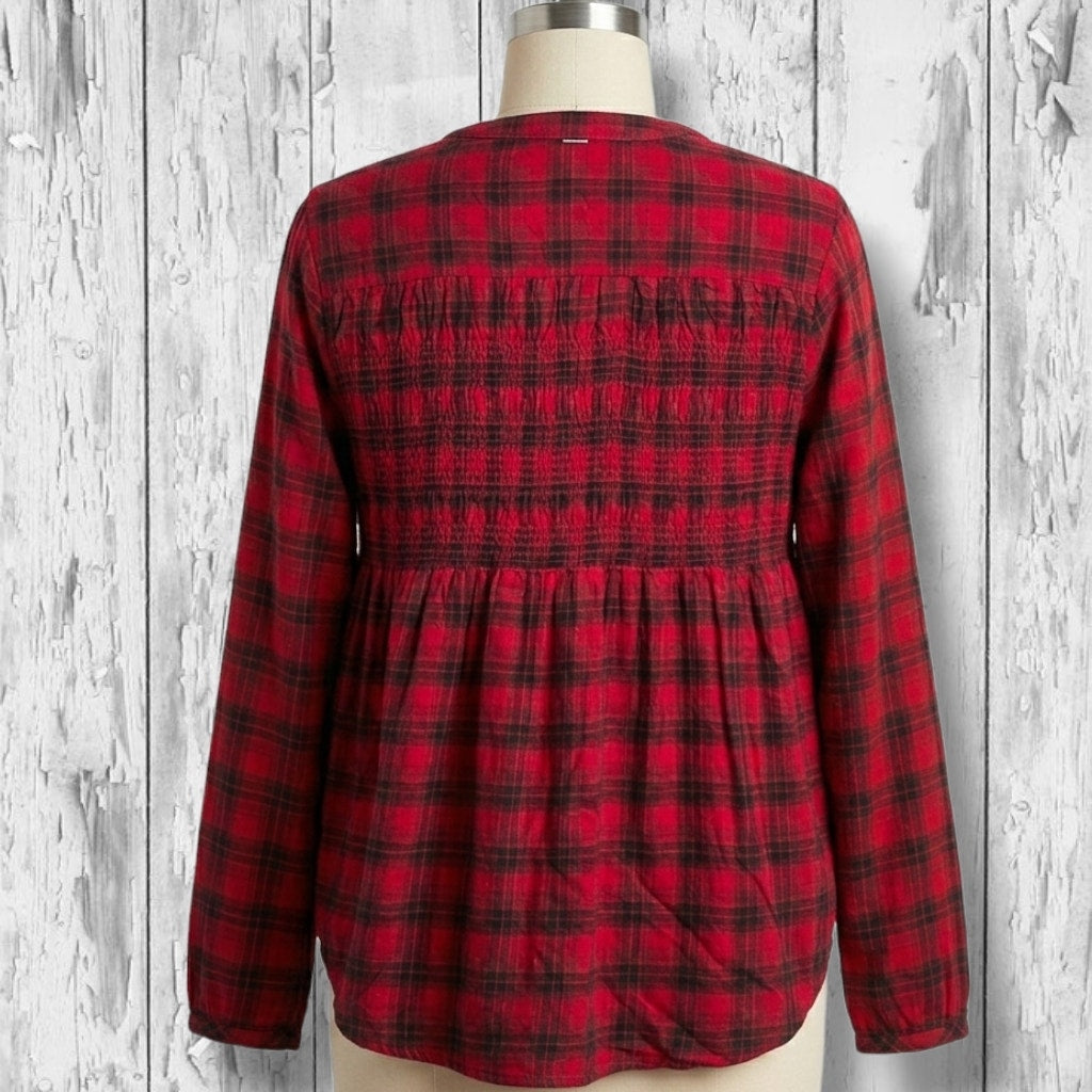 Knox Rose Women's & Black Plaid Smocked Babydoll Blouse - large