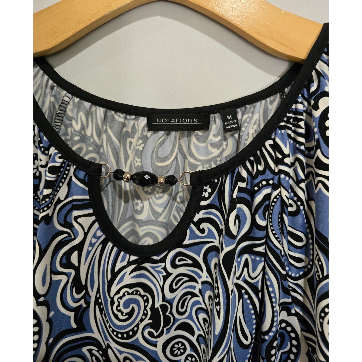 Notations Women’s Blue Black Paisley Print Blouse Medium Beaded Keyhole Top