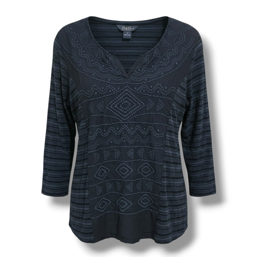 Lucky Brand Embroidered Panel Stripe 3/4 Sleeve Blouse