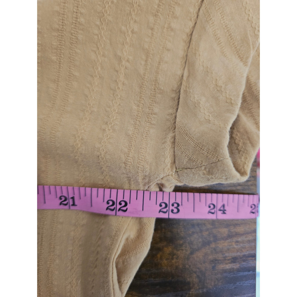 Matty M Women's Large Tan Textured 100% Cotton Split V-Neck Blouse Top